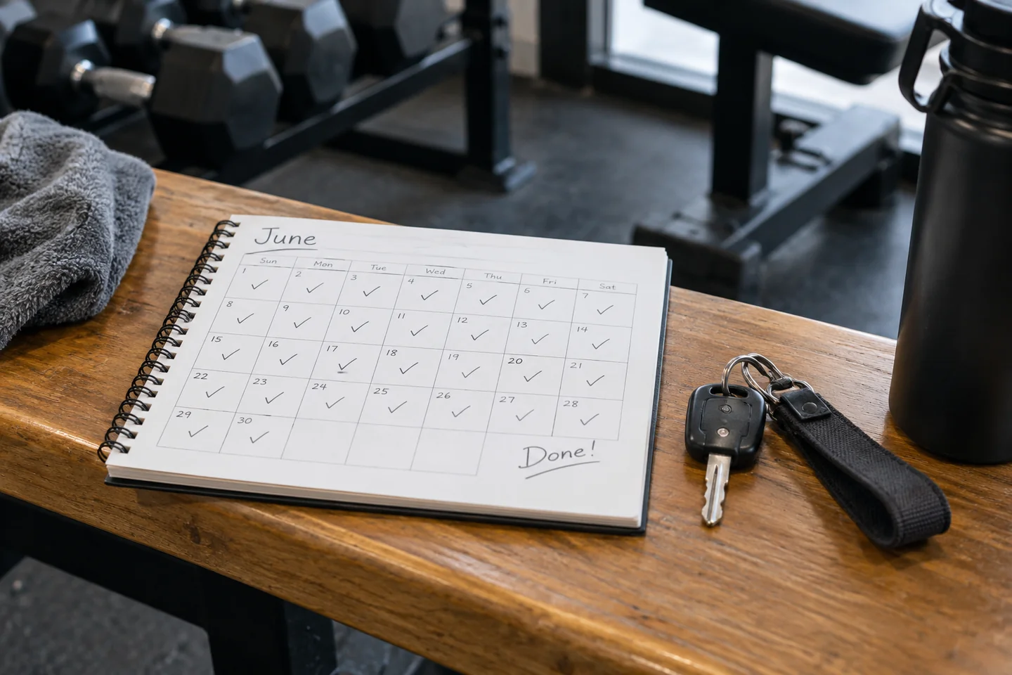 completed calendar notebook and gym keys.