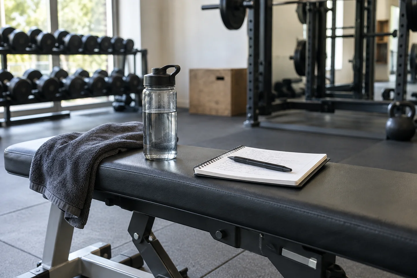 gym session notes water bottle bench.