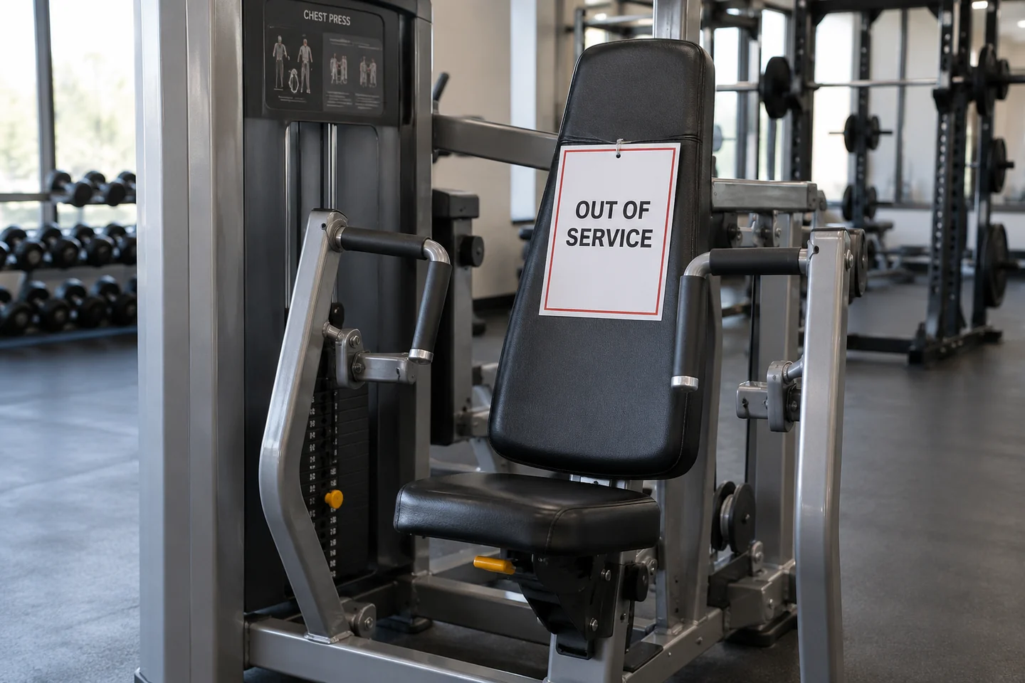 gym machine with out of service notice.