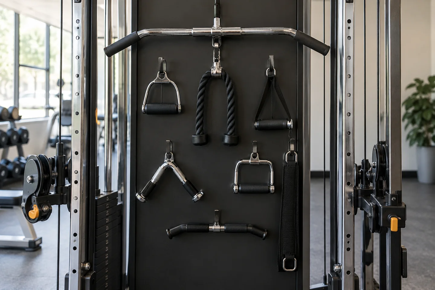 gym cable machine handles neatly stored.