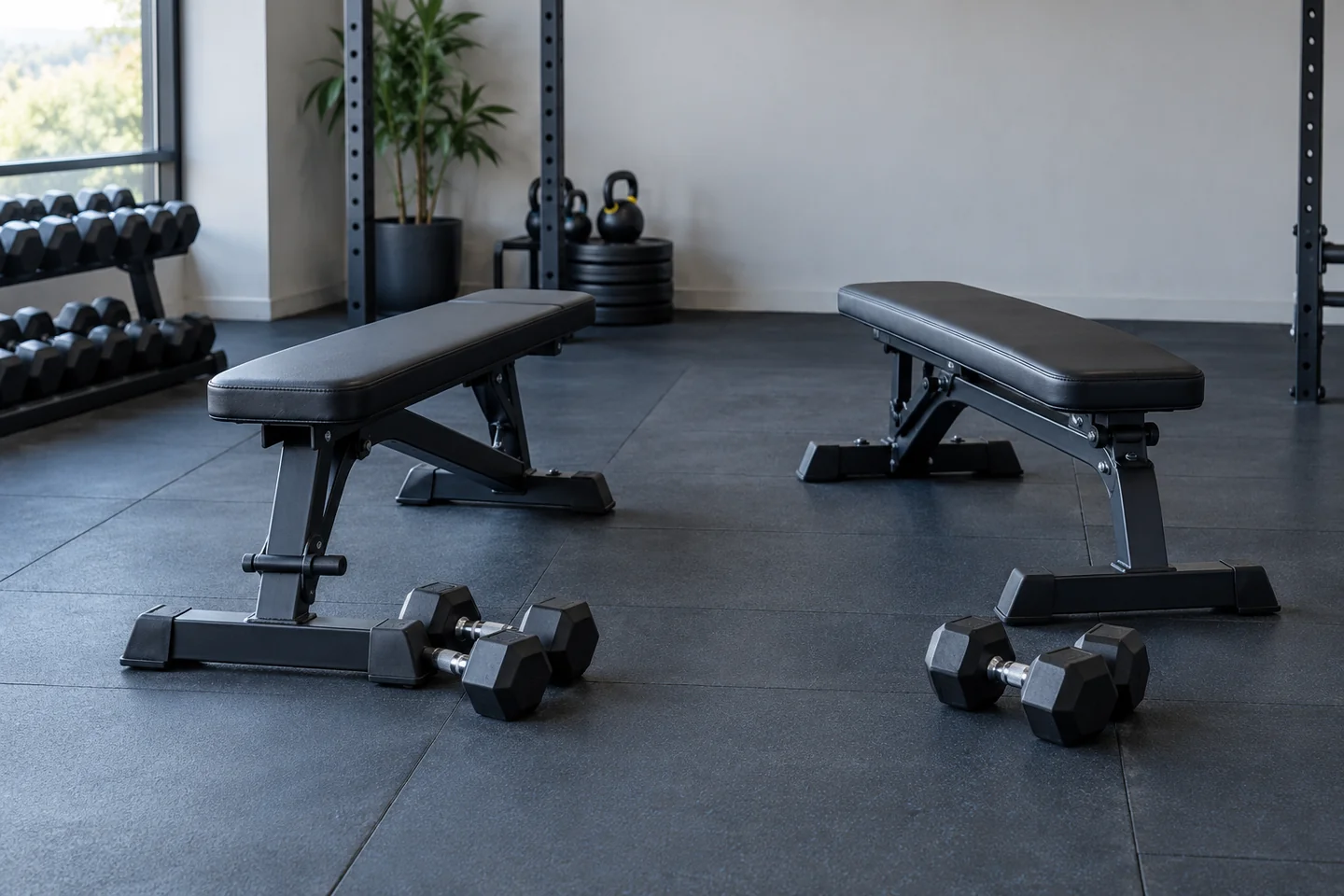 two separate gym benches with dumbbells.