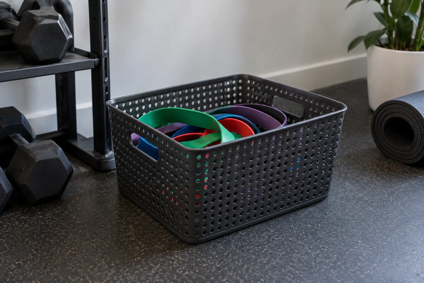 Loose resistance bands in a ventilated storage basket away from a window.