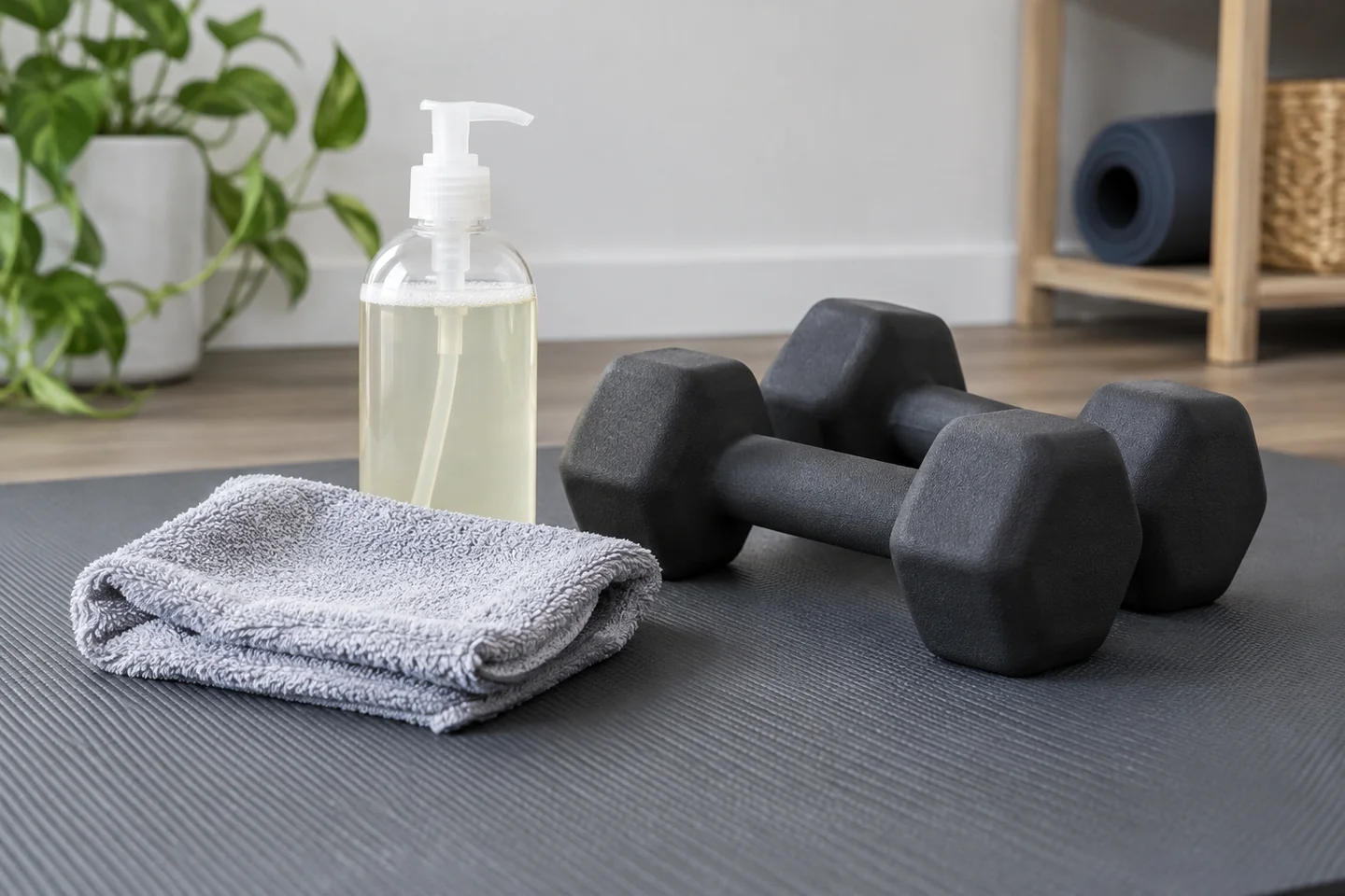 Soft cloth and mild soap bottle beside coated dumbbells.