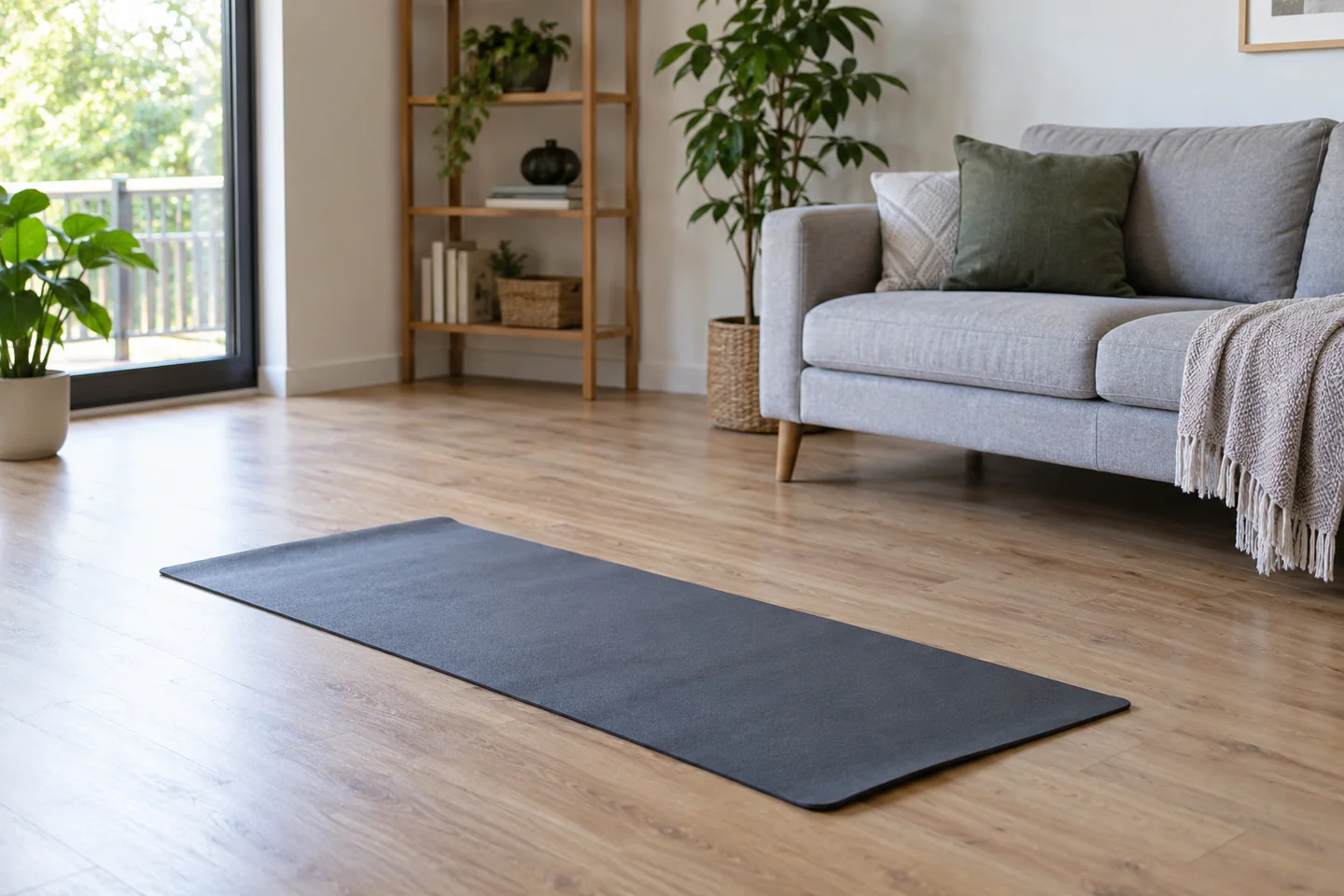 Unrolled mat with generous clear space beside a sofa.