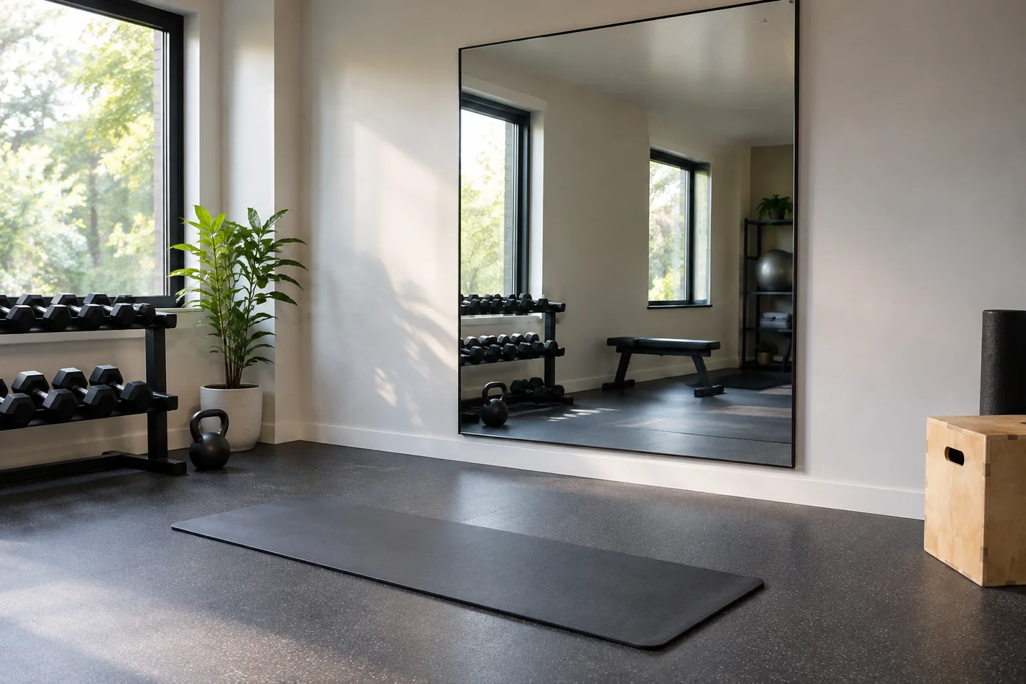 Full-length wall-mounted mirror beside an empty home exercise area.