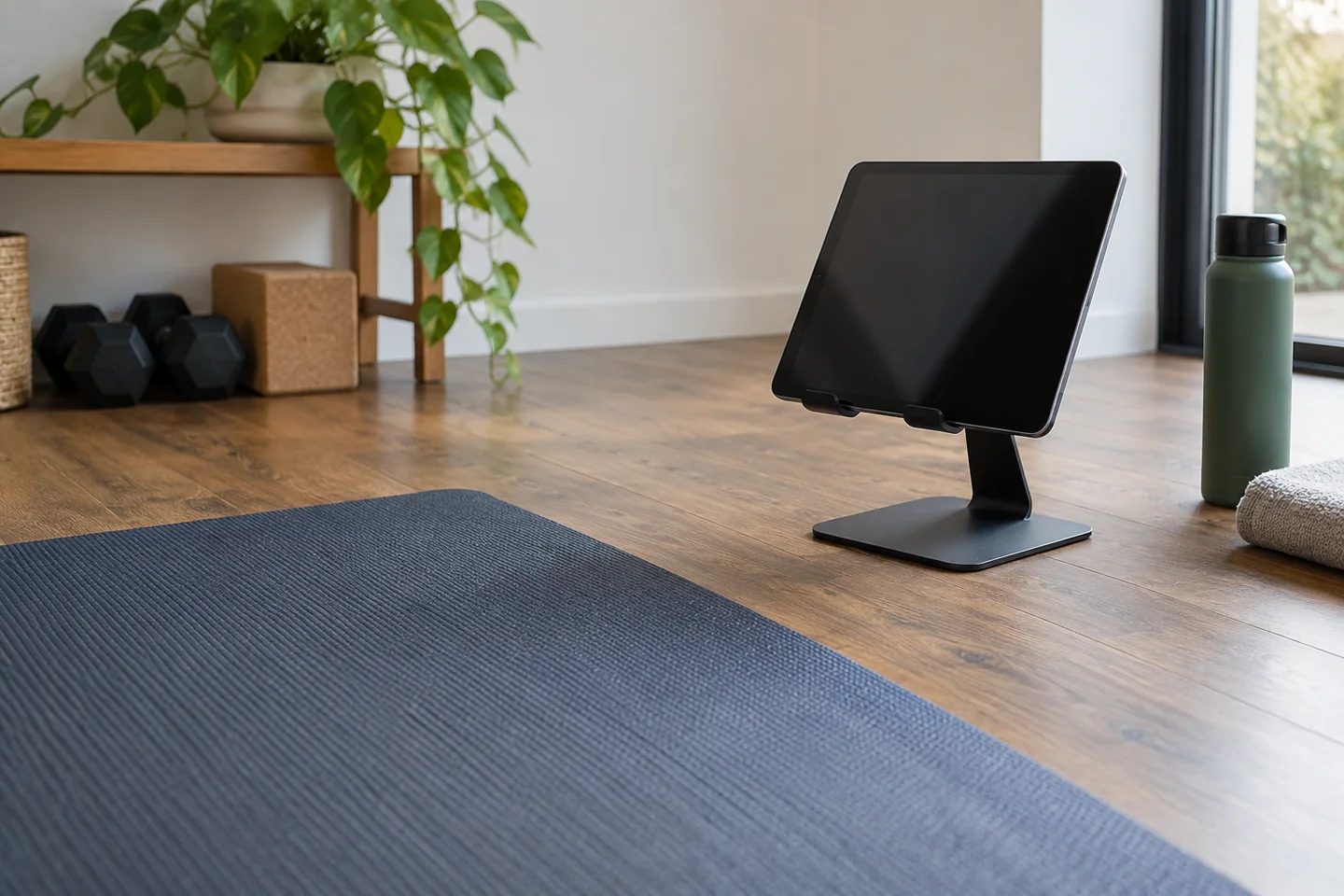 Tablet on a stable stand outside the edge of a yoga mat.