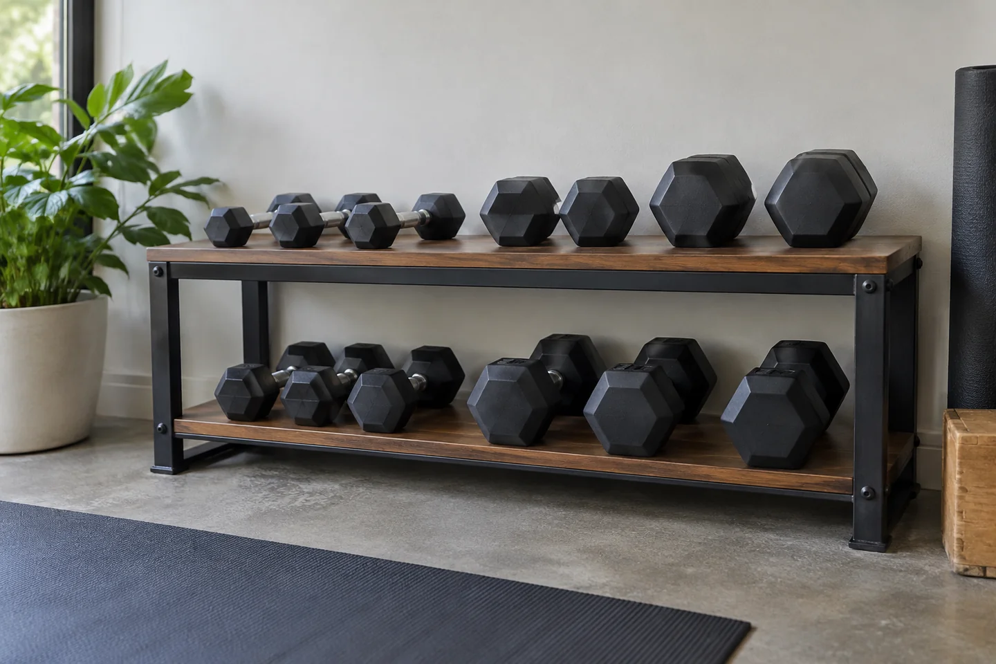 Low sturdy storage shelf holding hex dumbbells securely.