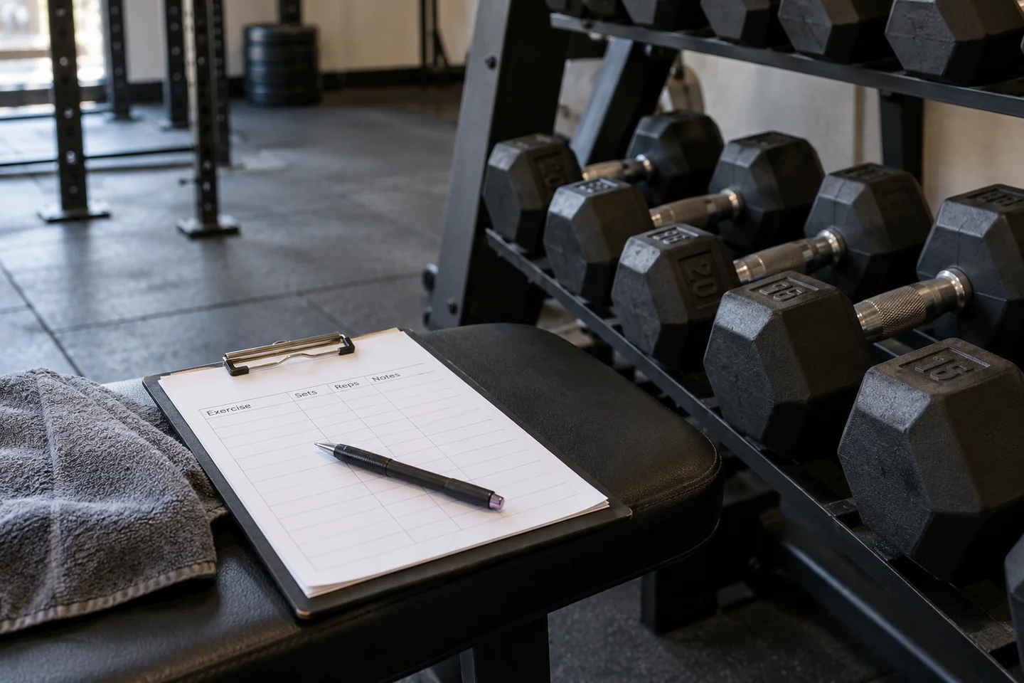 A gym clipboard beside a rack of dumbbells.
