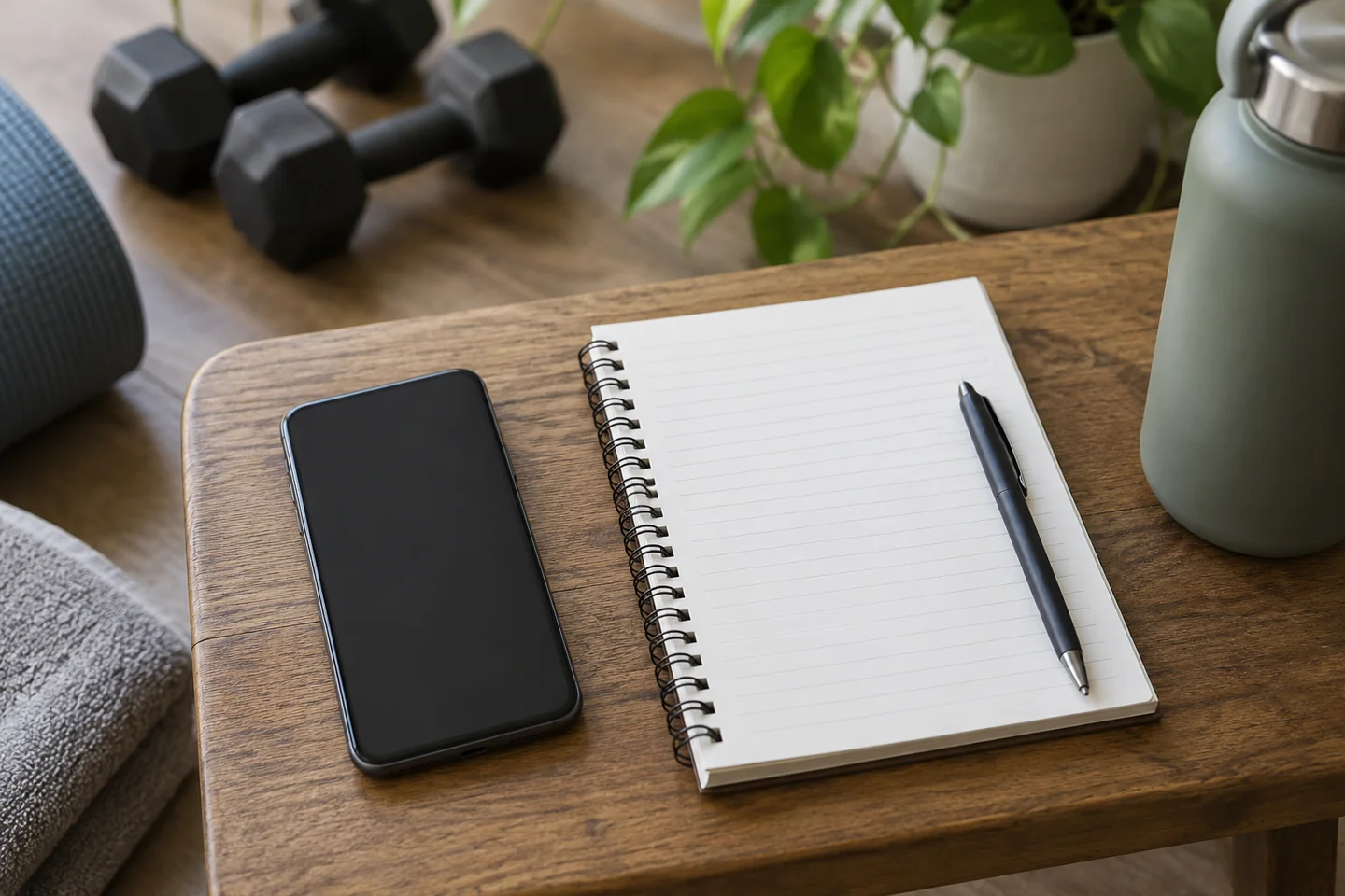 A smartphone with a plain dark screen beside a paper notebook.