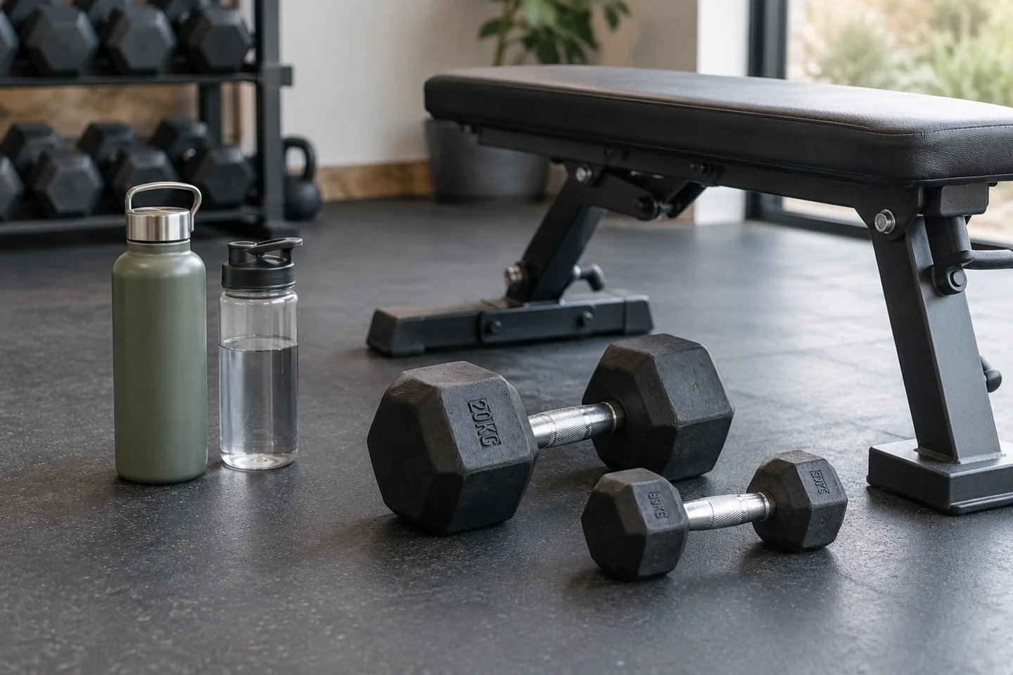 Two water bottles and different sized dumbbells beside a gym bench.