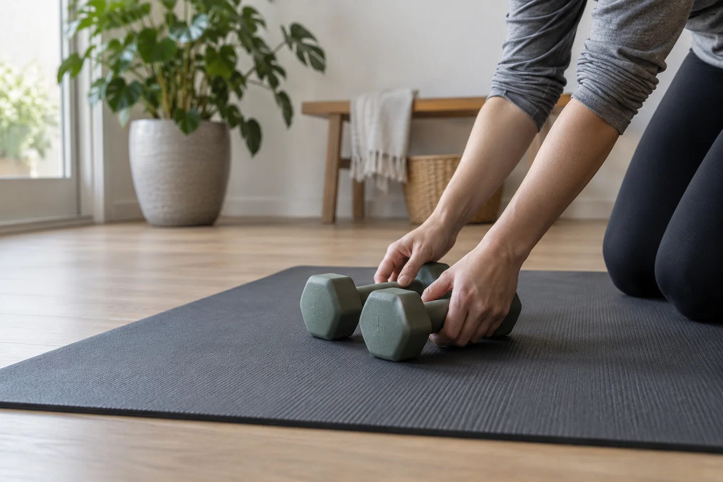 A person arranging a small pair of dumbbells neatly on a mat.