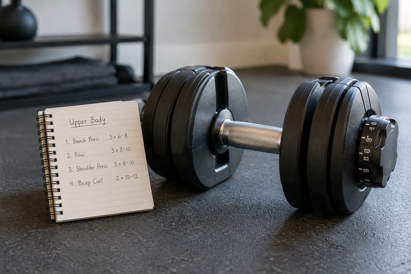 A small notebook propped beside a single adjustable dumbbell.