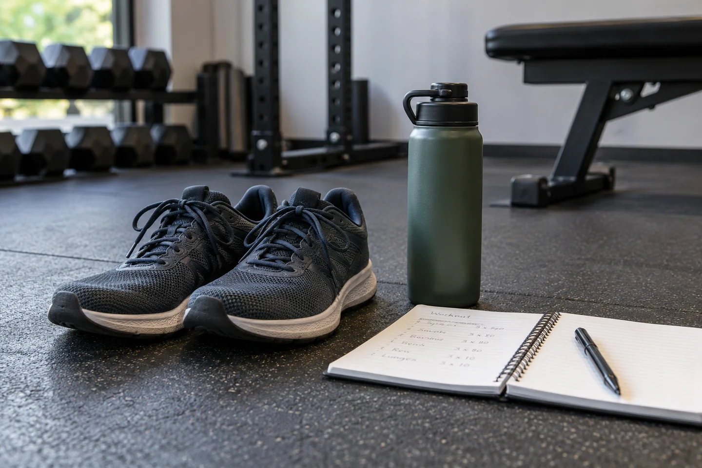 Same pair of trainers and water bottle beside a gym notebook.