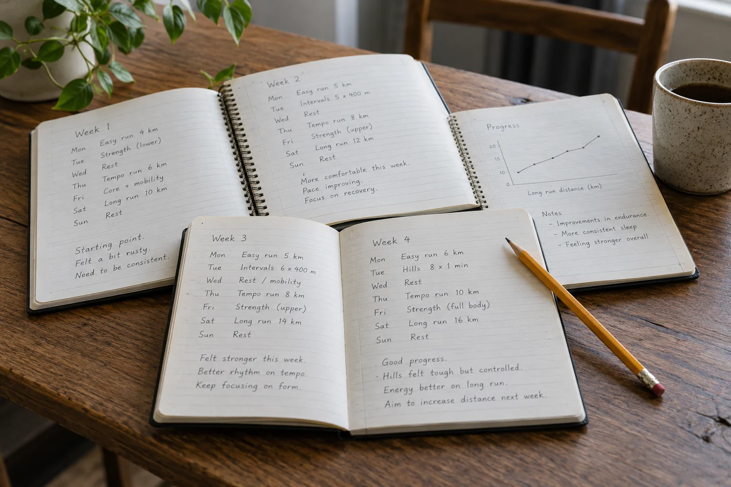 Several handwritten notebook pages spread across a table with a pencil.