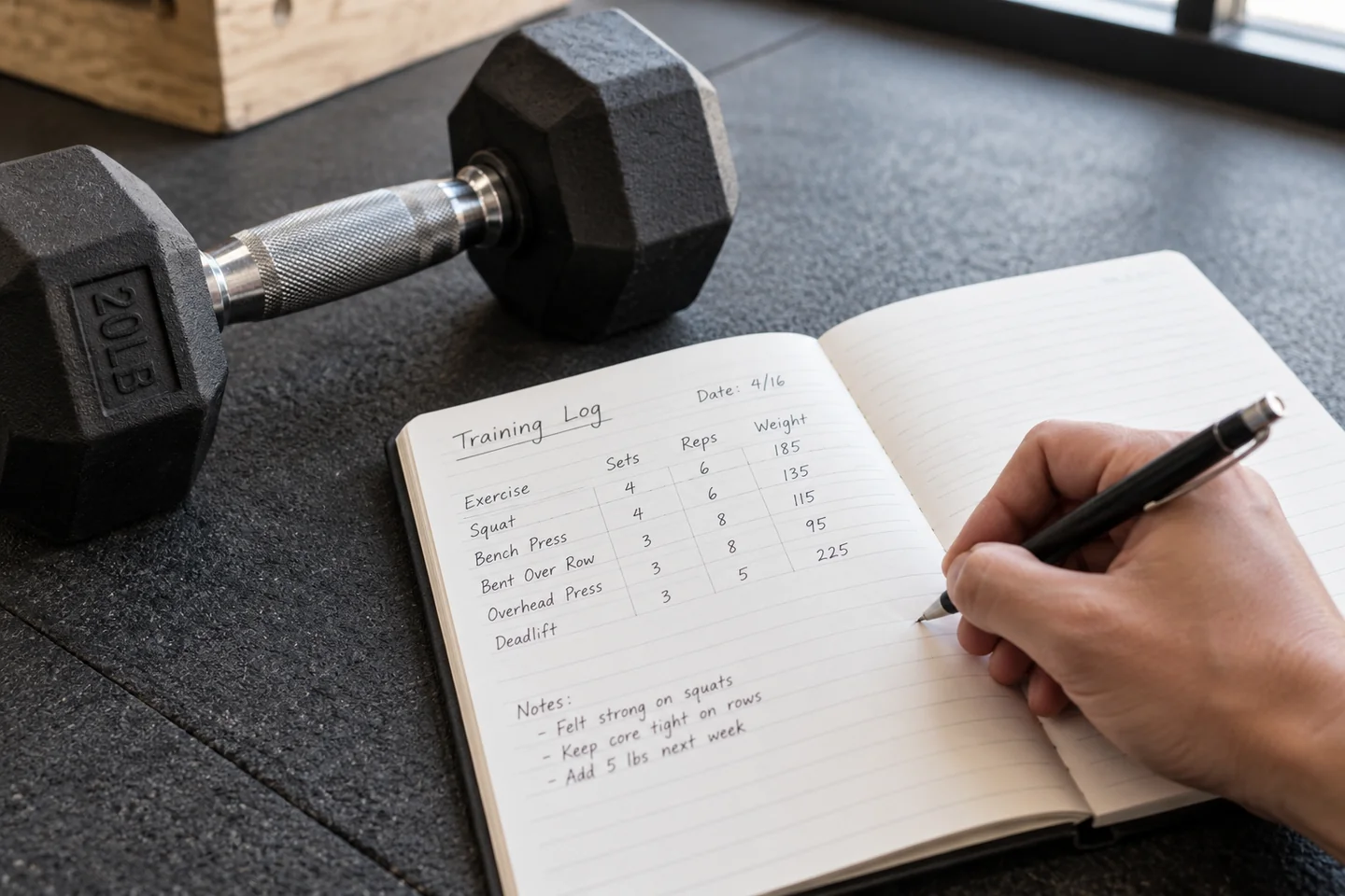 A hand writing training notes beside a dumbbell.