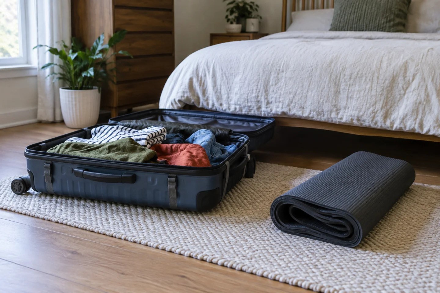 Unpacked suitcase beside a folded exercise mat in a bedroom.