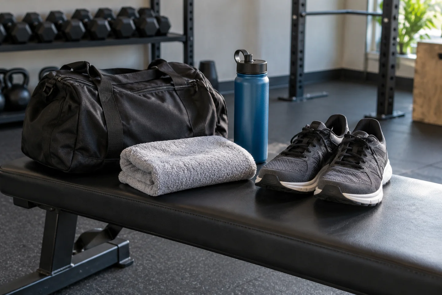 Clean towel water bottle and trainers laid out beside a gym bag.