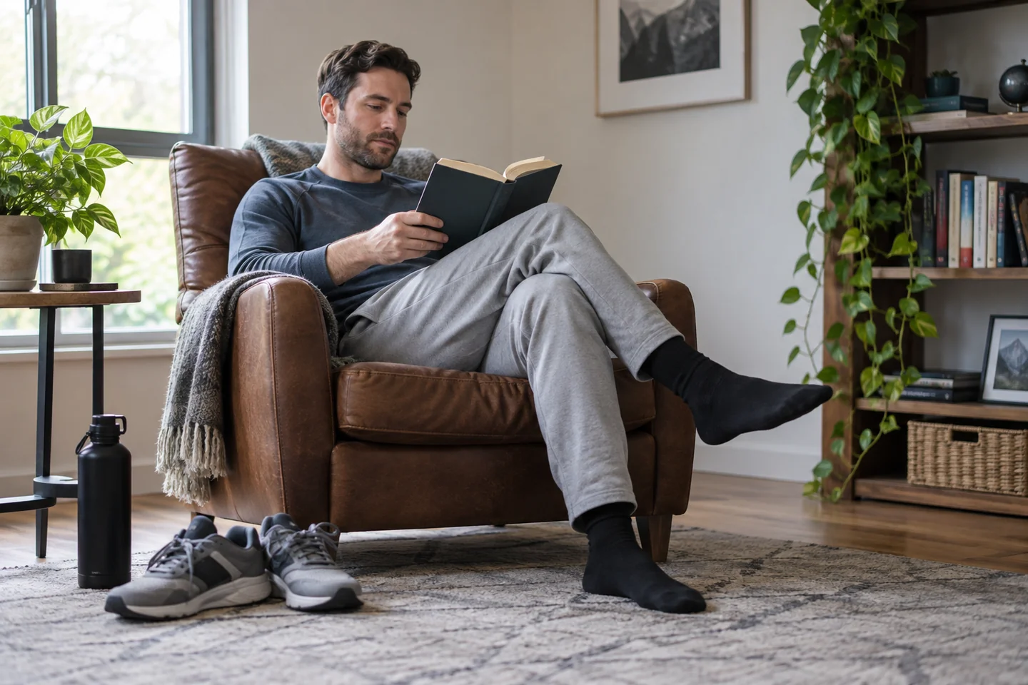 A person reading in an armchair with training shoes nearby.