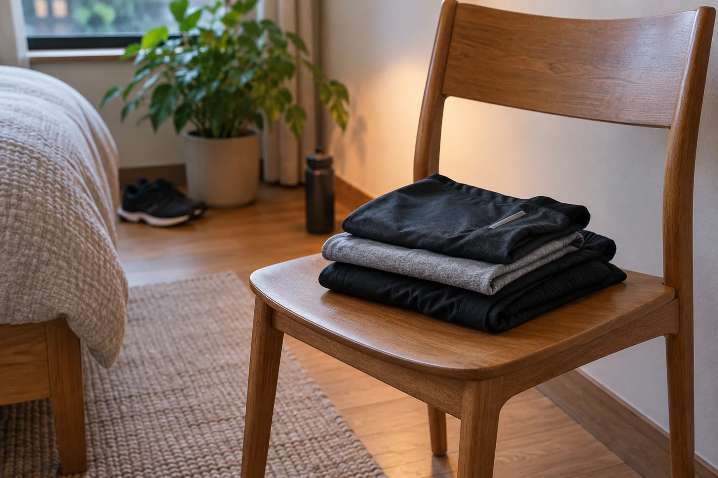 Clean folded training clothes on a chair in a softly lit room.