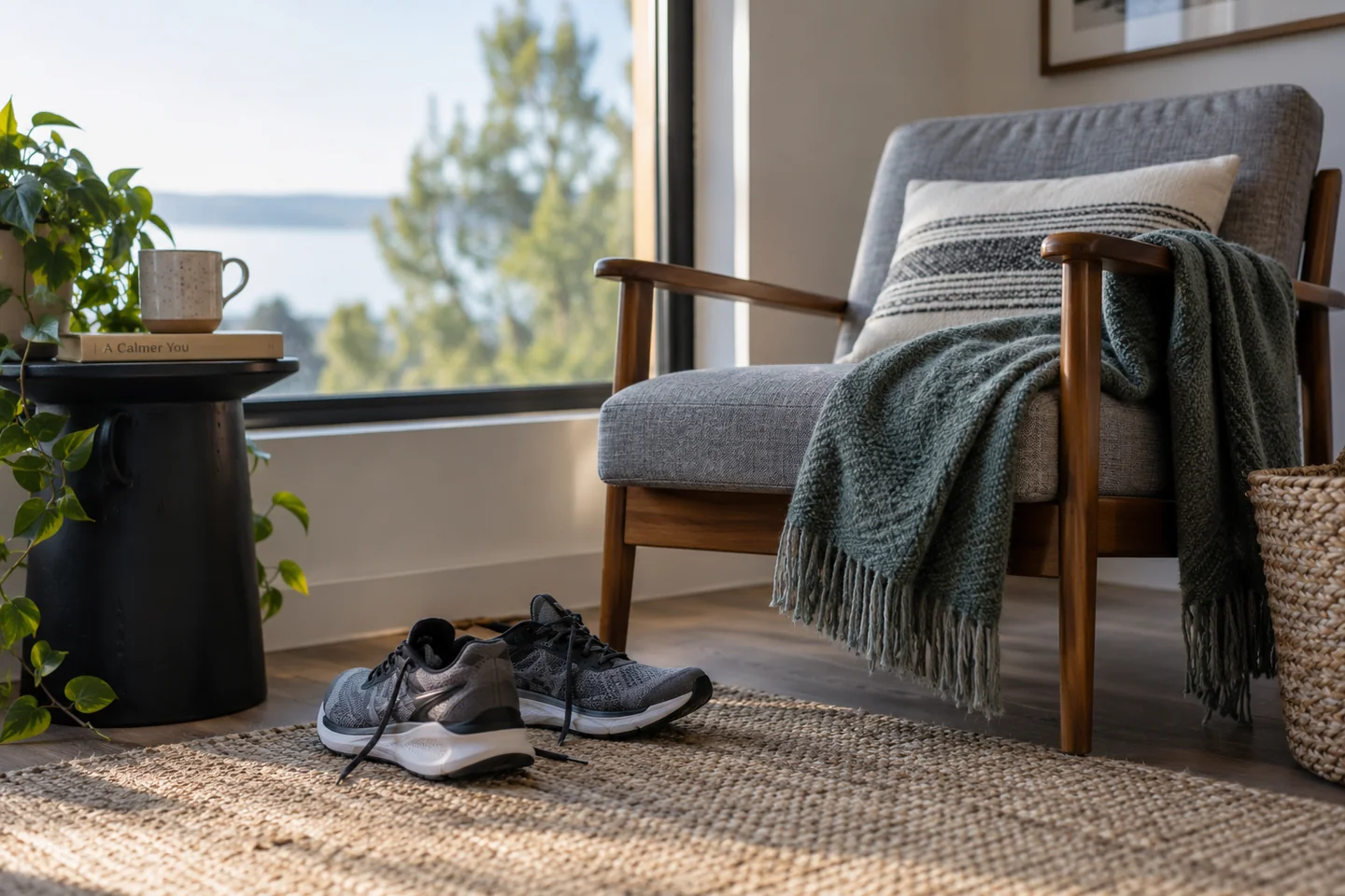 A pair of trainers beside a reading chair near a window.