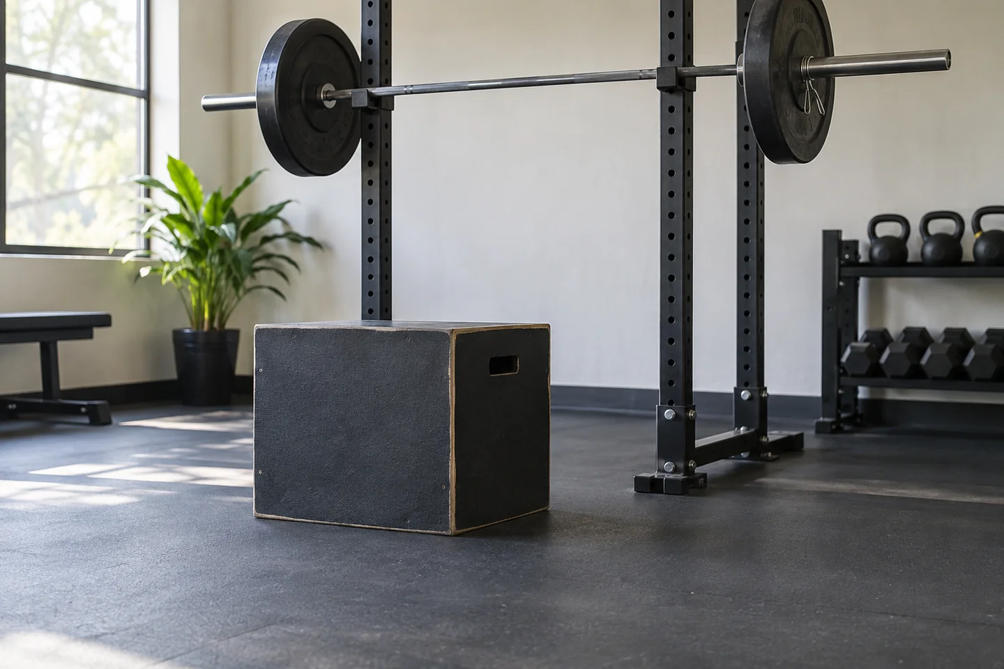 Solid exercise box behind an open squat practice space.