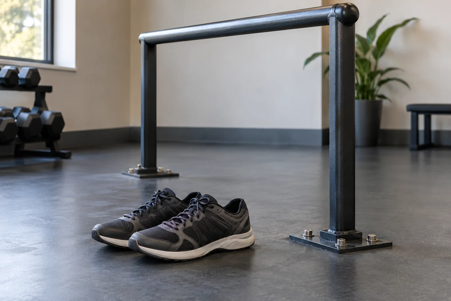 Pair of trainers beside a fixed exercise rail on level flooring.