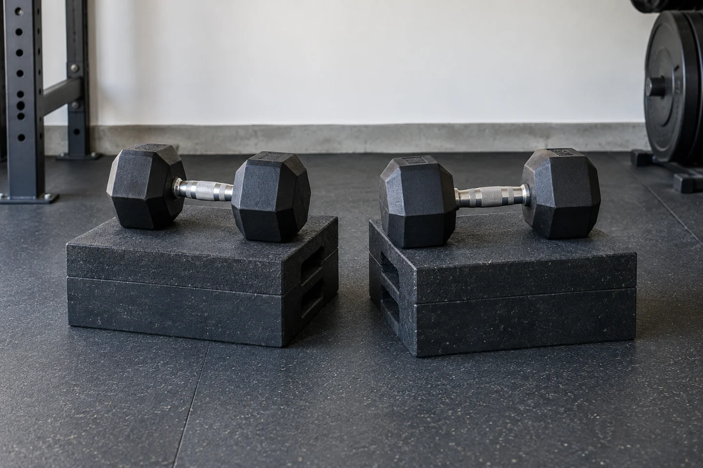Pair of dumbbells on sturdy raised lifting blocks.