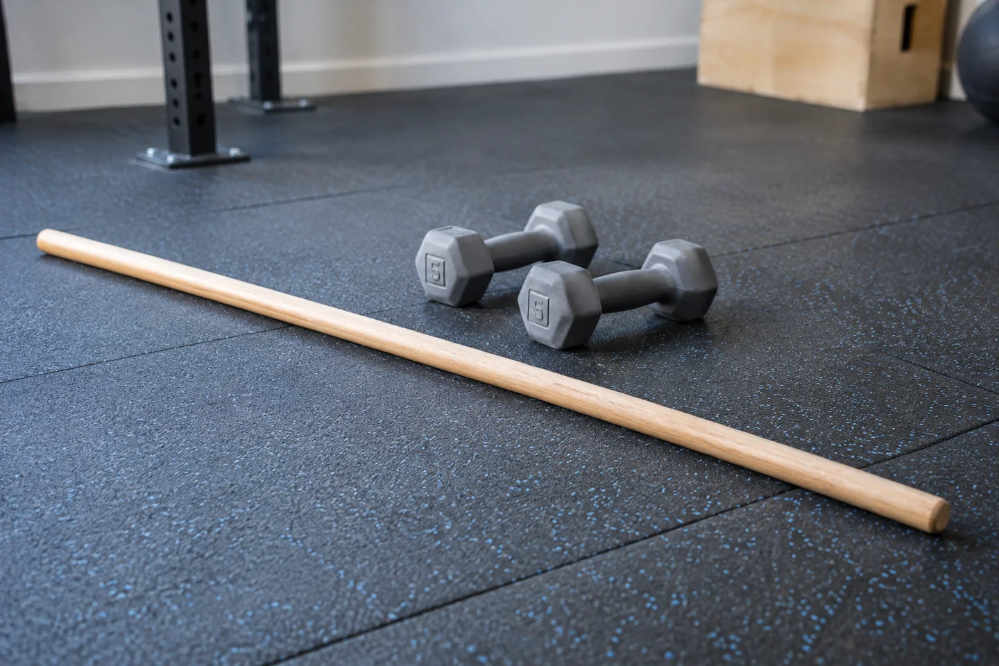 Wooden dowel beside a pair of light dumbbells on gym flooring.