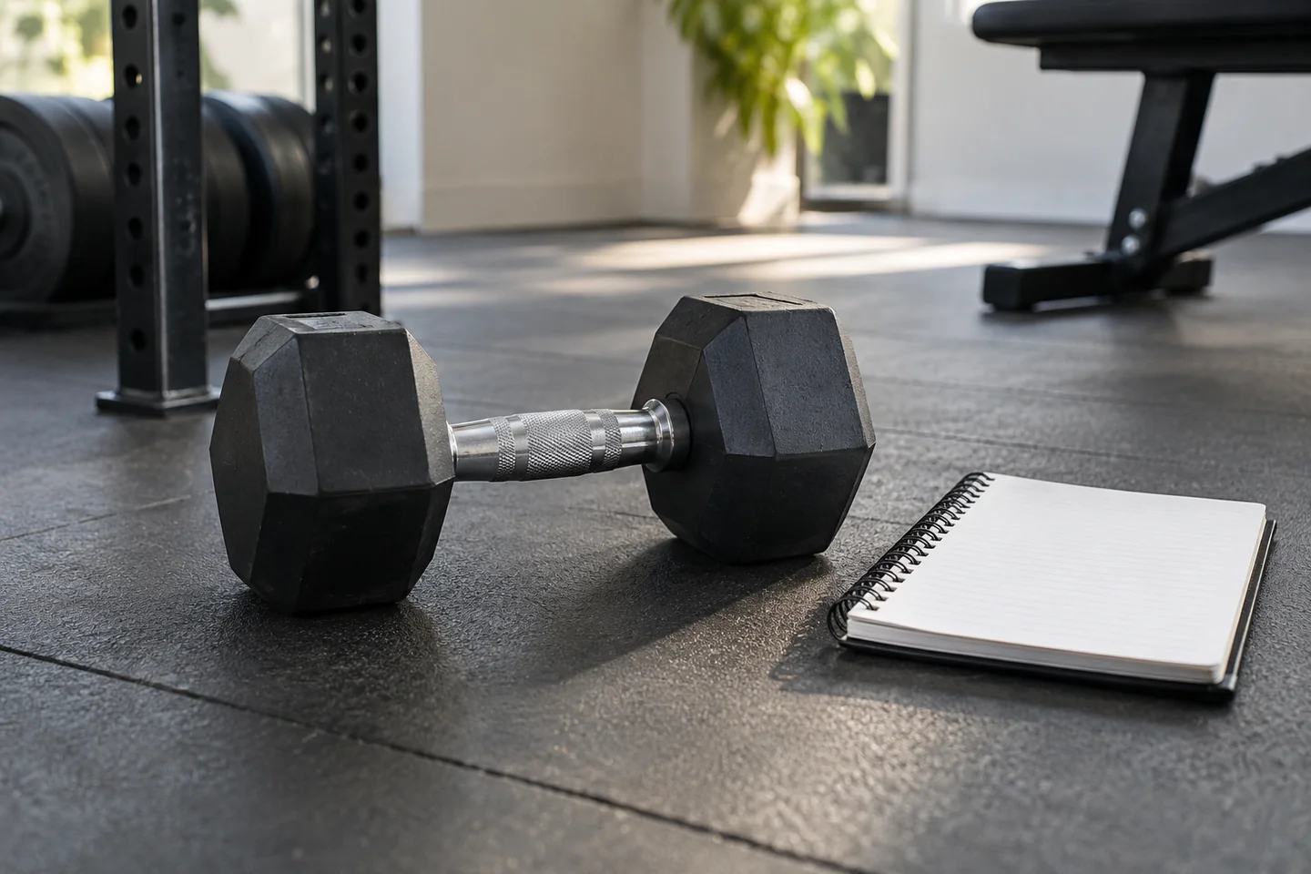 Single dumbbell beside a training notebook with no readable writing.