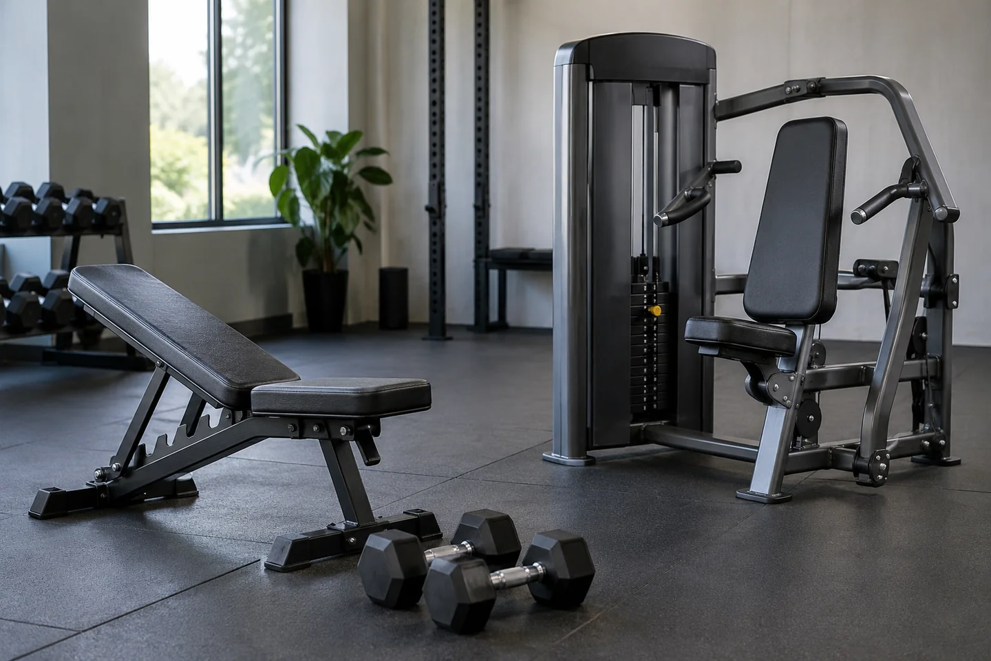 Weight bench and dumbbells beside a selectorised strength machine.