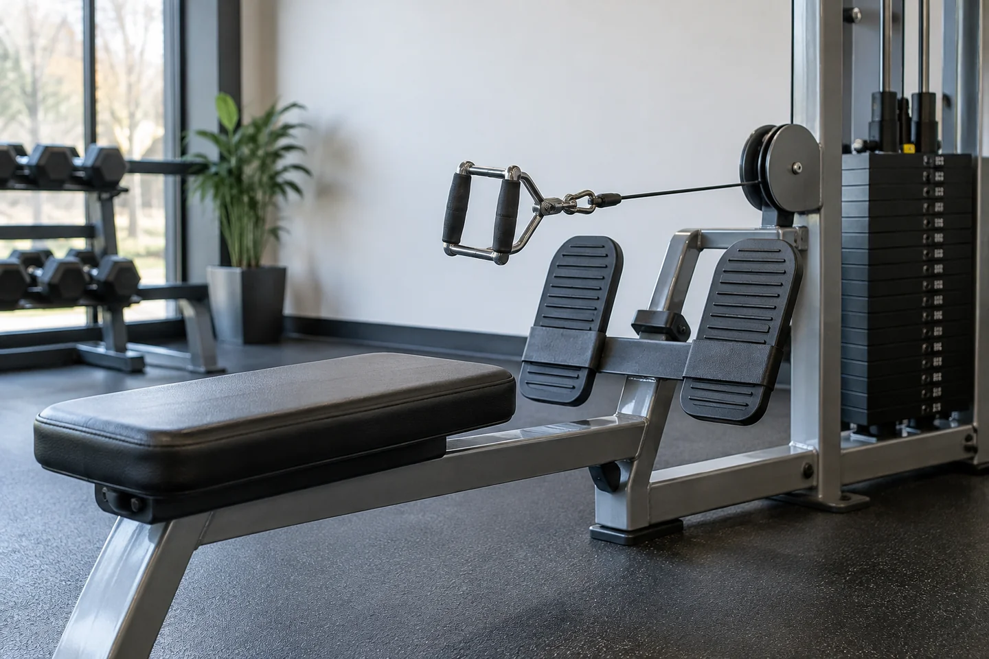 Seated cable row station with handle and footplates visible.
