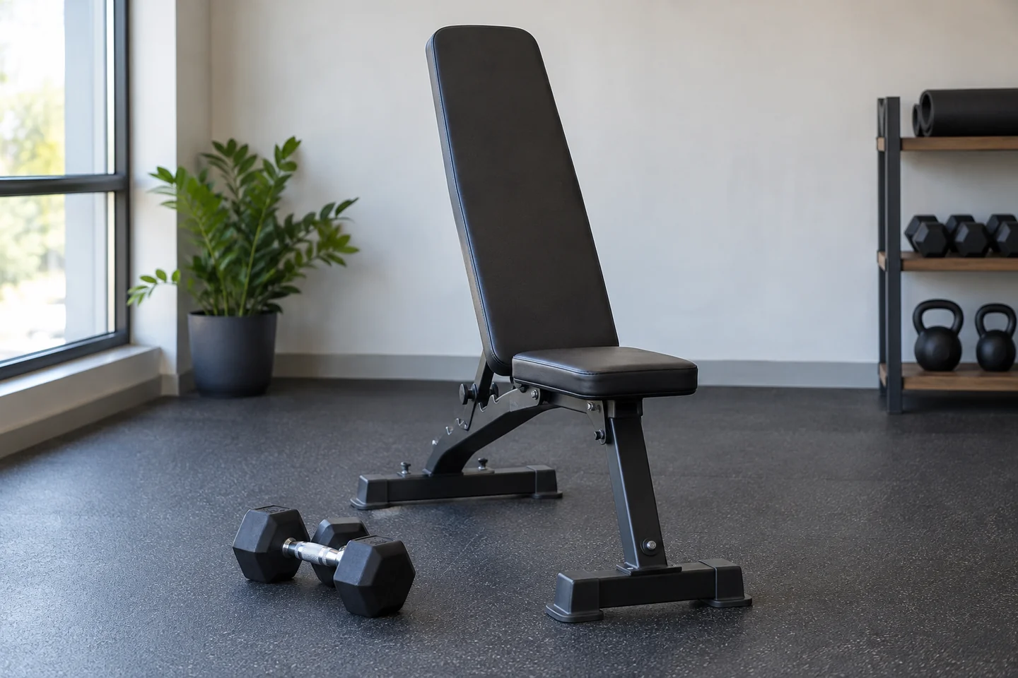 Light dumbbells beside an upright exercise bench.