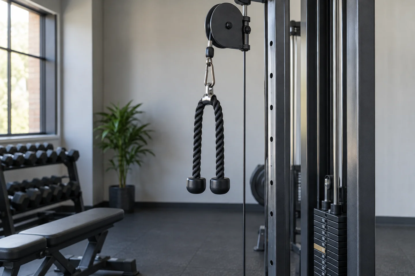 Cable station with rope attachment hanging from high pulley.