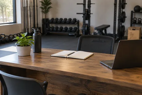 neutral gym consultation desk with notebook.