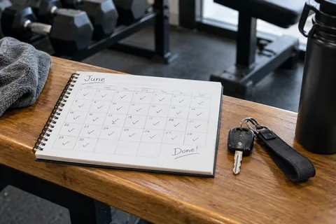 completed calendar notebook and gym keys.
