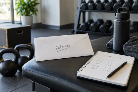 referral note envelope and exercise notebook.