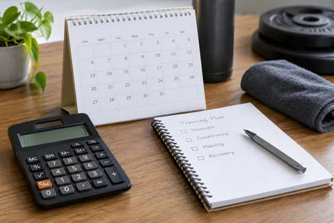 calculator calendar and notebook on desk.