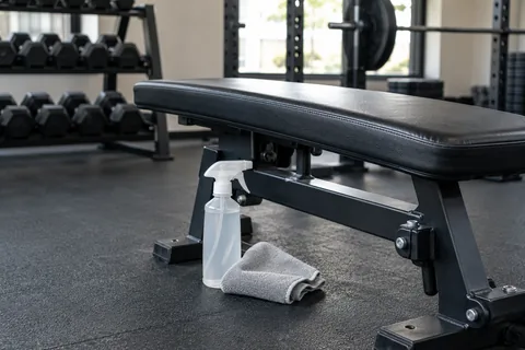 cleaning spray cloth beside gym bench.