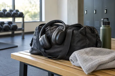 headphones resting on gym bag.