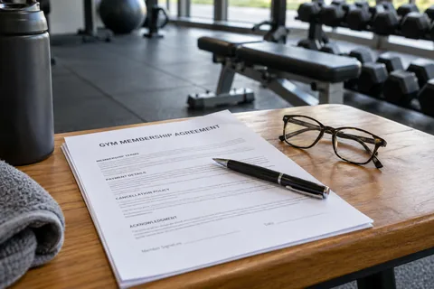 gym membership papers pen and reading glasses.