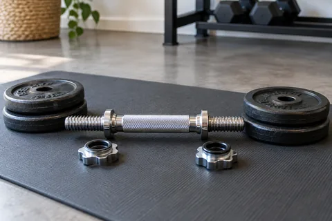 Adjustable dumbbell handle with collars and plates laid out on a mat.
