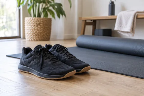 Clean flat-soled training shoes beside a home exercise mat.