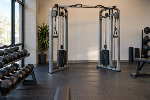 An unoccupied cable station with dumbbells visible nearby.