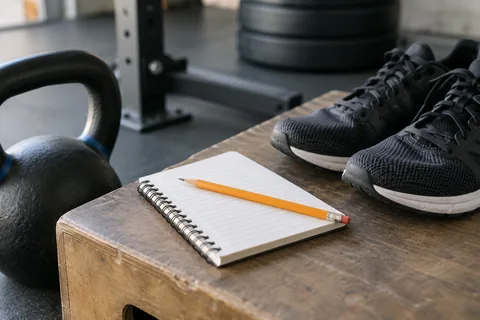 A pencil resting on a small notebook next to gym shoes.