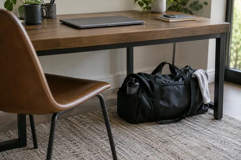 A gym bag beneath a desk with a closed laptop.
