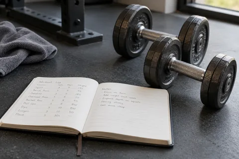 An open training journal beside a pair of metal dumbbells.