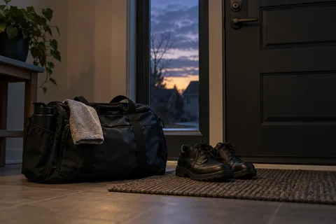 Gym bag and work shoes by a front door before sunrise.