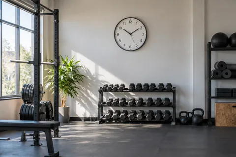 Wall clock above an empty exercise studio.