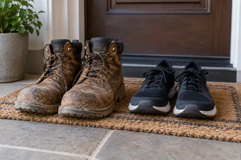 Work boots and training shoes side by side on a doormat.