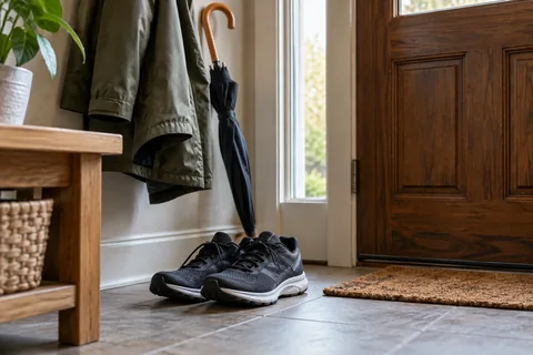 Training shoes beside a coat and umbrella at a front door.